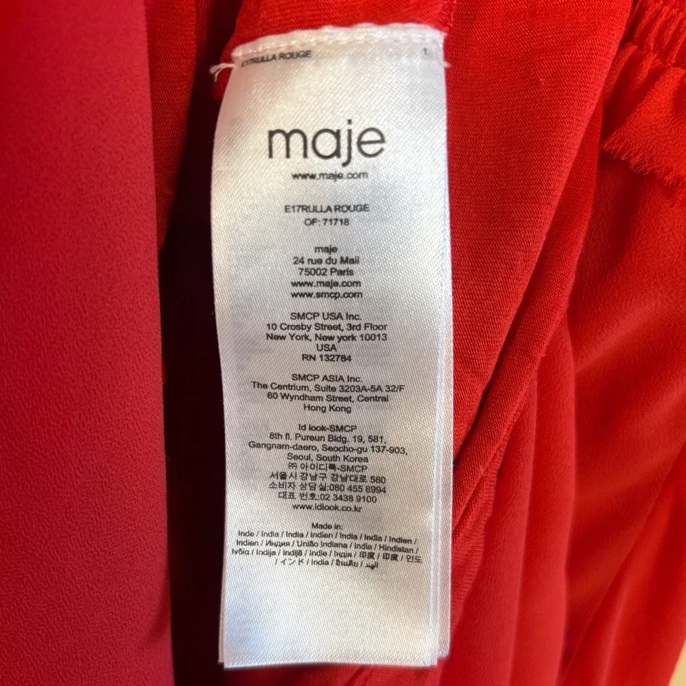 MAJE Rulla Shirred Waist Mini Dress Red Women Size 1 Small Ruffle Skirt Slip